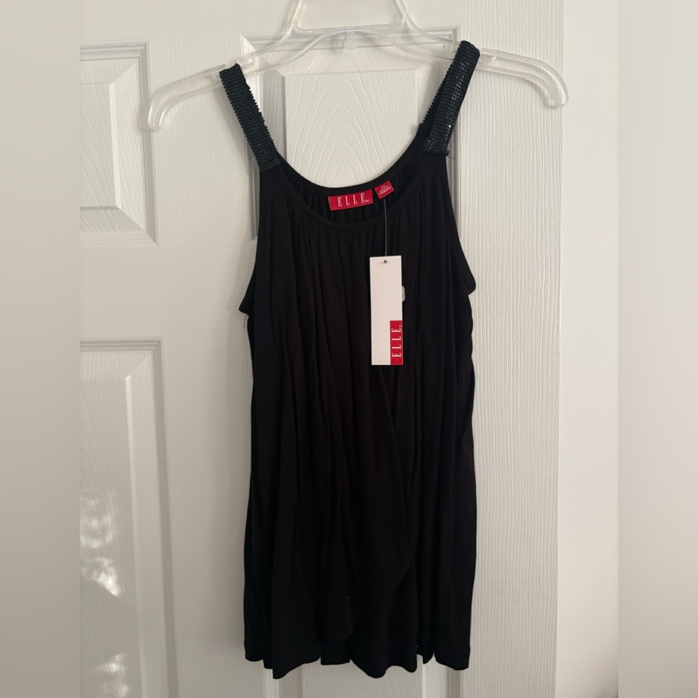 NWT Y2K WOMEN’S BLACK FLOWY BEADED STRAPS FLYAWAY FRONT DETAIL ELLE TANK TOP XS